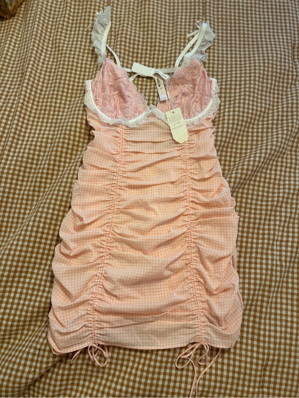 NWT For Love & Lemons x Victoria’s Secret Pink Gingham Ruched Lace Mini Dress L